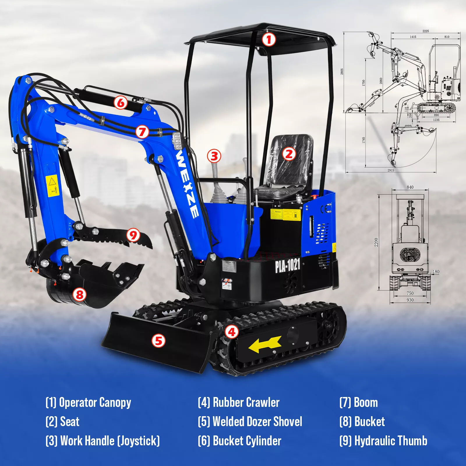 **WEIZE 1 Ton Mini Excavator - 13.5HP Gas-Powered Crawler Digger with Hydraulic Thumb & Bucket - Ideal for Landscaping, Trenching, and DIY Projects**