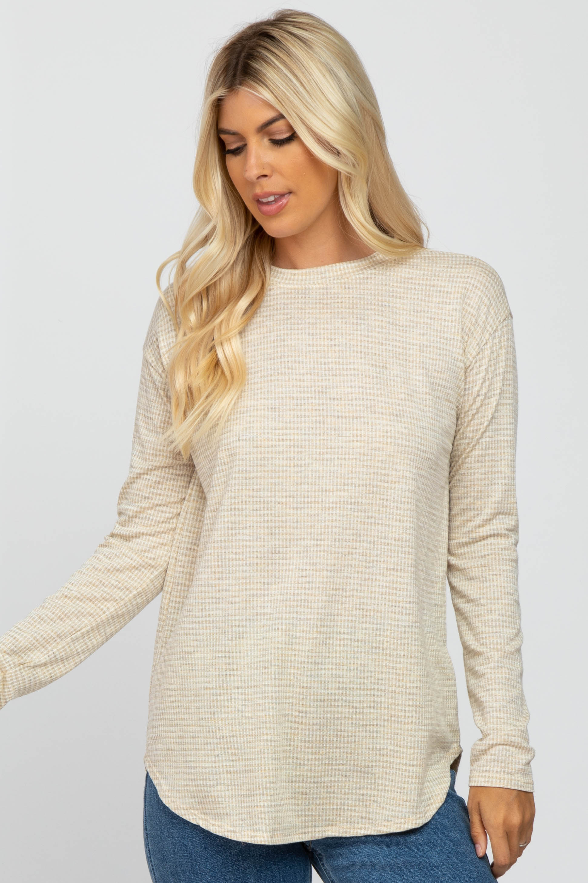 Beige Plaid Print Long Sleeve T-Shirt for Women - Soft Cotton Casual Blouse - Perfect for Fall Outfits, Office Wear & Weekend Style
