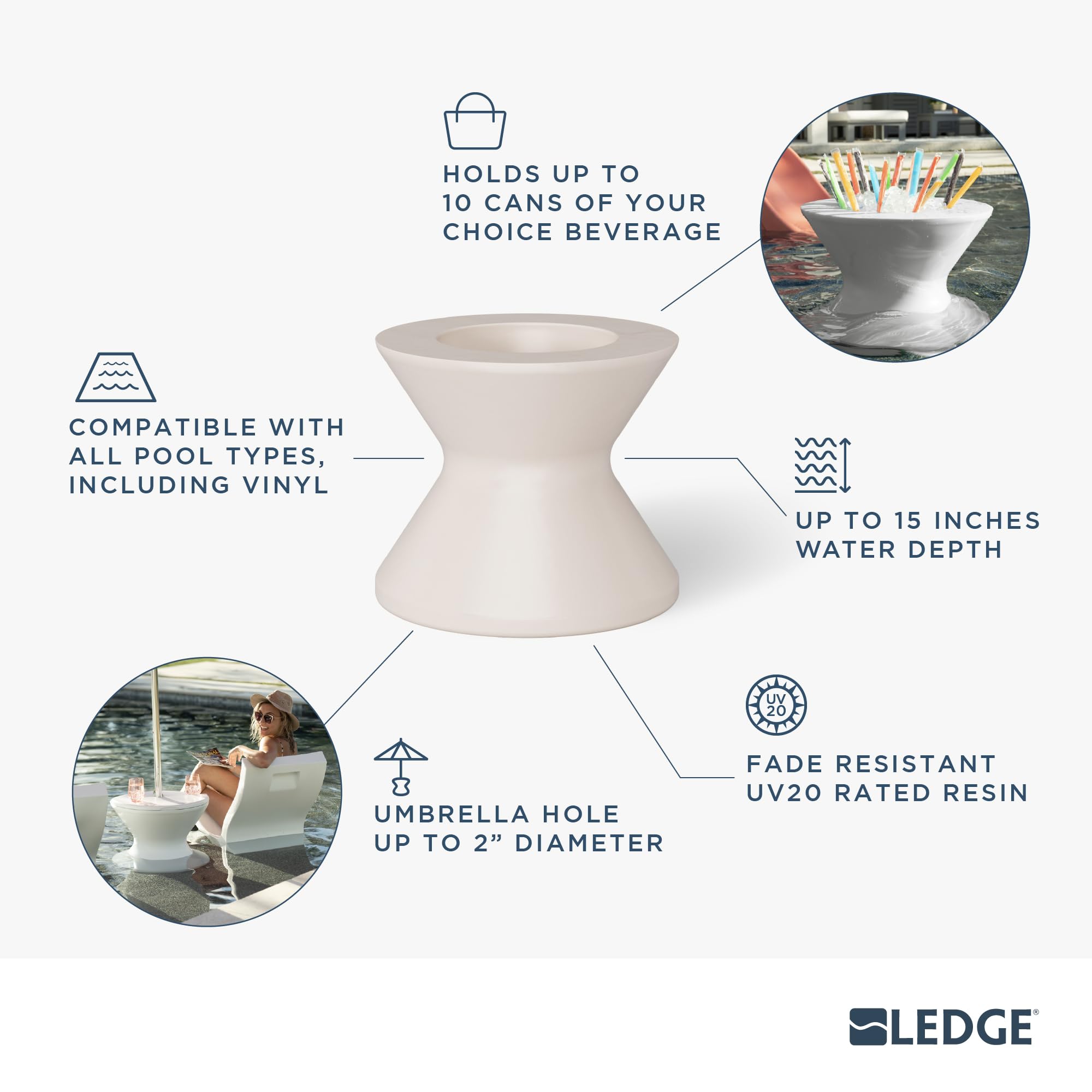 Ledge Lounger In-Pool Side Table with Ice Storage and Umbrella Hole - Cloud Color - Perfect for Poolside Drinks and Relaxation