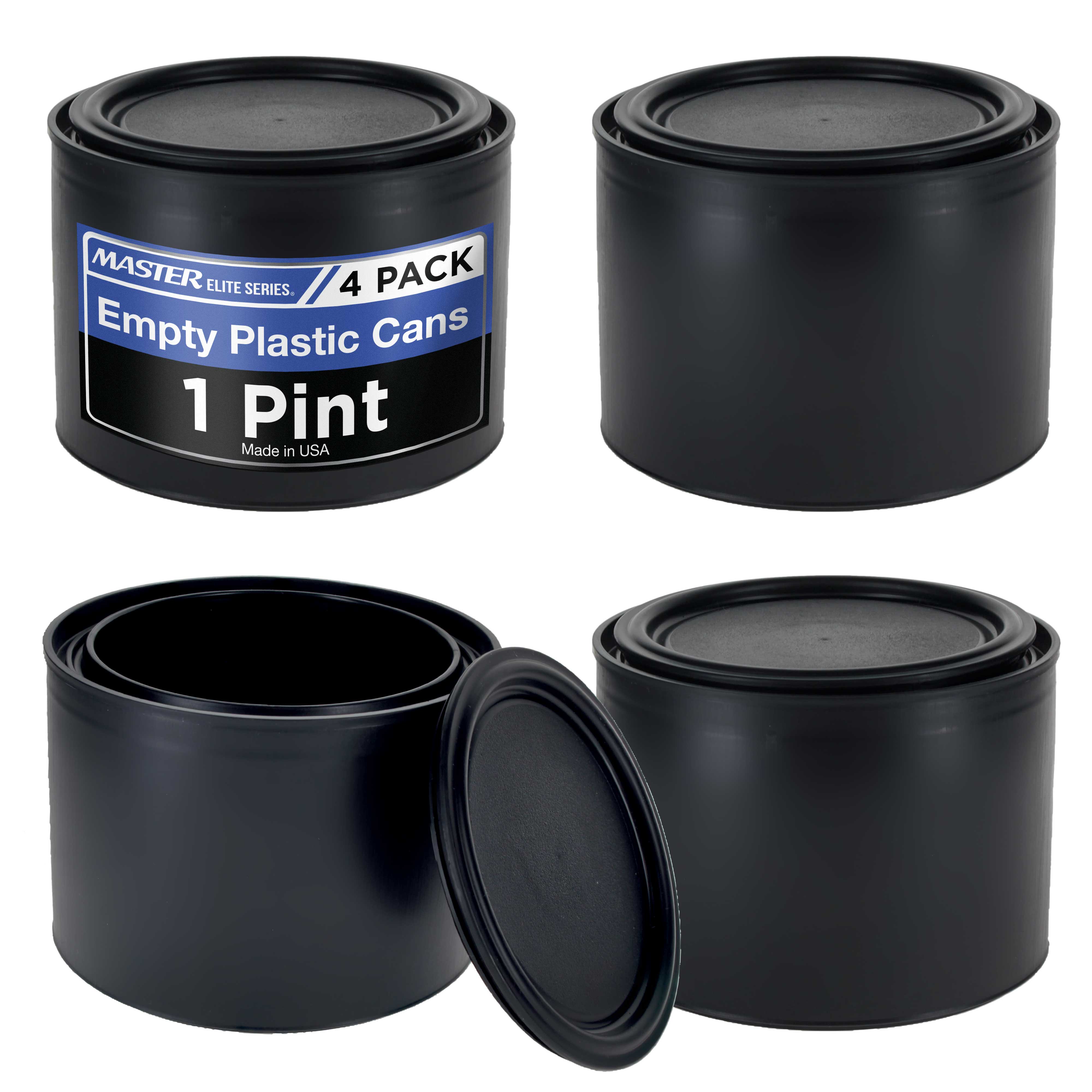 Master Elite 1 Pint Empty Plastic Paint Can Bucket (Pack of 4) - Triple Lock Airtight Lid Seal, 32 fl oz All Plastic Coating Storage Container with Pail Handle - Perfect for Paint Storage, DIY Projects & Craft Supplies Organization