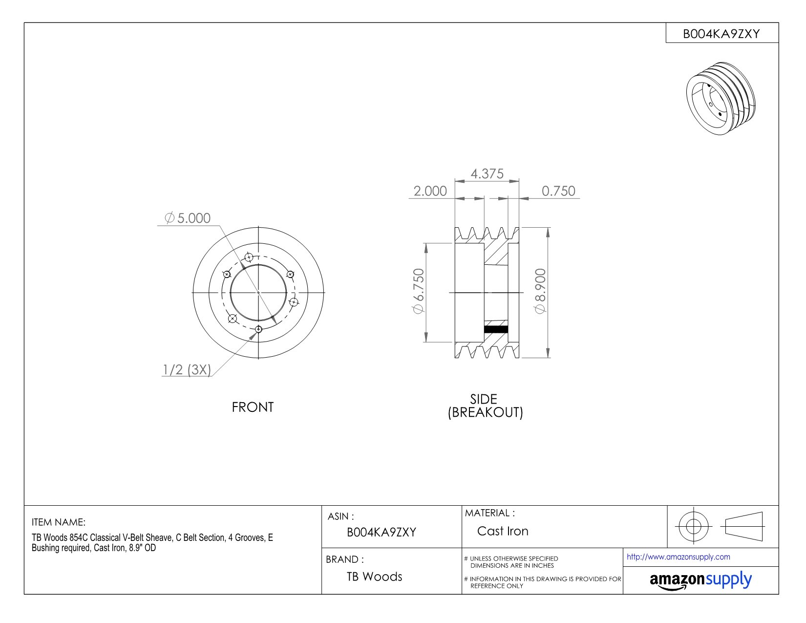 604C Classical V-Belt Sheave for Industrial Machinery - C Belt Section, 4 Grooves, Cast Iron Construction, 6.6