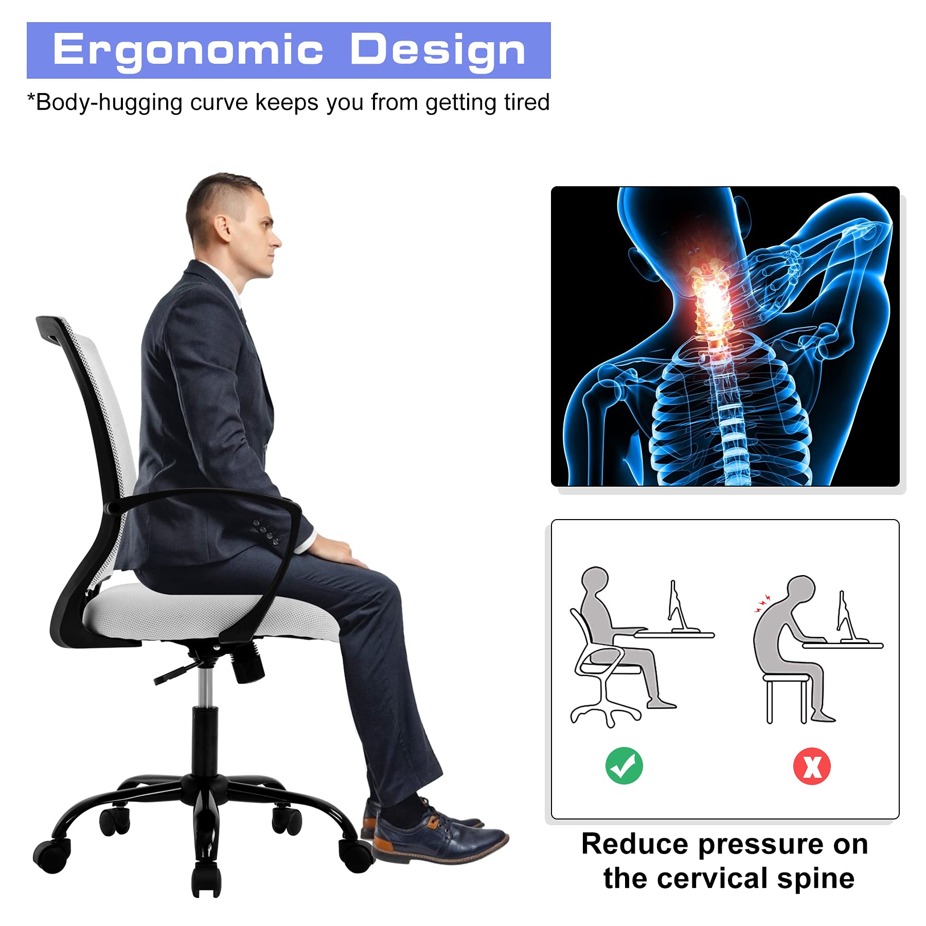 Ergonomic Office Chair with Lumbar Support - Adjustable Height Mesh Computer Desk Chair, Swivel Rolling Task Chair for Home Office & Gaming - Comfortable Mid Back Support & Armrests (White) - Perfect for Long Work Hours, Online Meetings, and Gaming Sessions