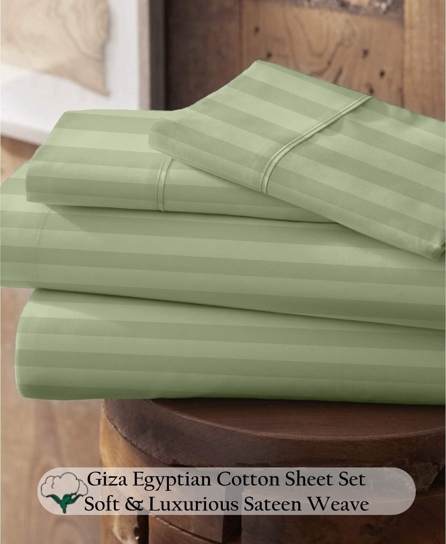 100% Certified Giza Cotton Pillowcase & Sheet Set - Queen Size Egyptian Cotton, Soft Sateen Weave, Breathable Fabric, Fits 15-Inch Deep Pocket Mattress - Sage Stripe - Perfect for Luxury Bedding & Hotel-Style Comfort