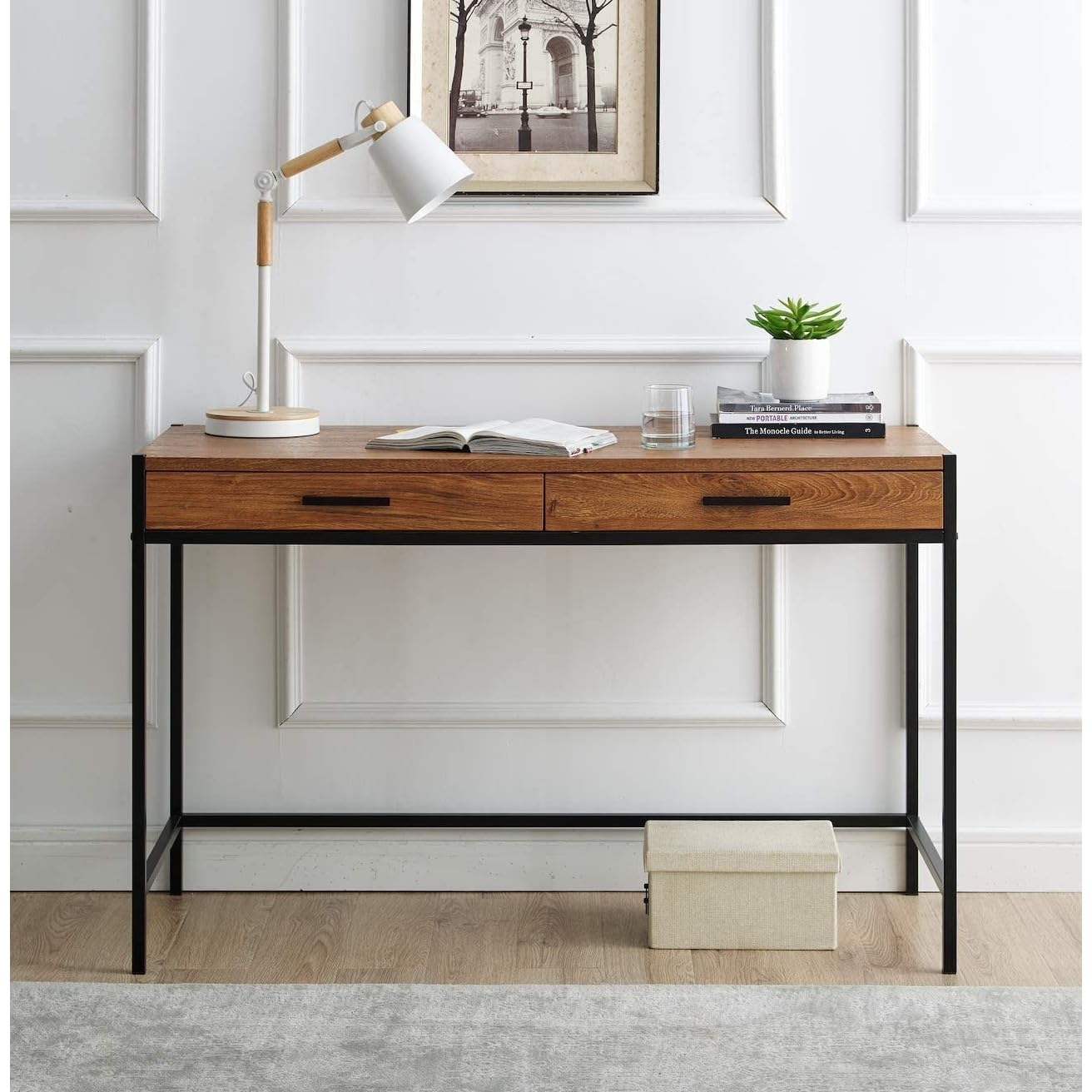 Caffoz 2-Drawer Wood and Metal Writing Desk with Shelf in Mahogany Brown - Compact Home Office Desk for Small Spaces, Study & Workstation