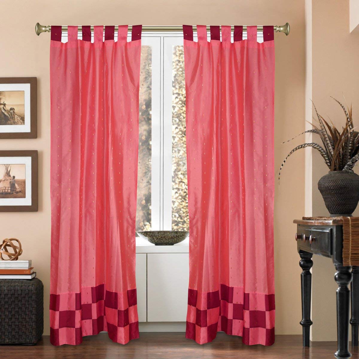 Indian Selections 2-Line Eclectic Peach Sari Tab Top Cafe Curtains - 36x36 Inches - Elegant Kitchen Window Drapes for Boho Home Decor & Dining Room