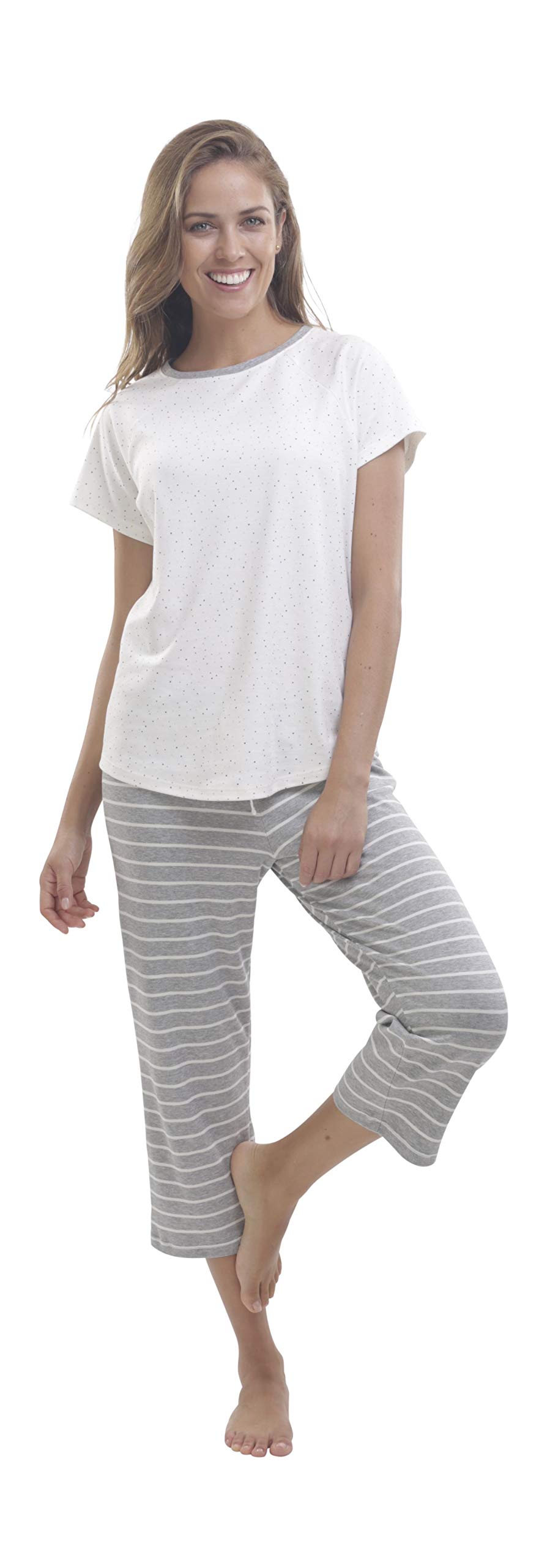 Premium Soft Pima Cotton Women's Pajama Set - Short Sleeve Top & Capri Pants for Lounge, Sleep & Travel - Breathable Comfort for All Seasons