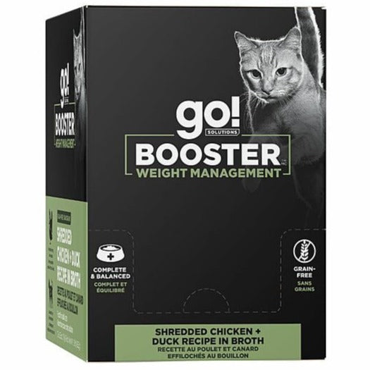 Premium Weight Management Wet Cat Food - Go! Solutions Booster Shredded Chicken & Duck in Bone Broth - High Protein, Grain-Free Recipe for Adult Cats - Perfect for Weight Control & Digestive Health