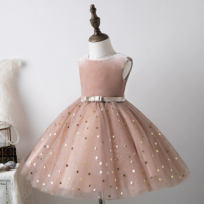 Champagne Princess Round Tea Length Tulle Flower Girl Dress for Weddings, Birthday Parties & Special Occasions