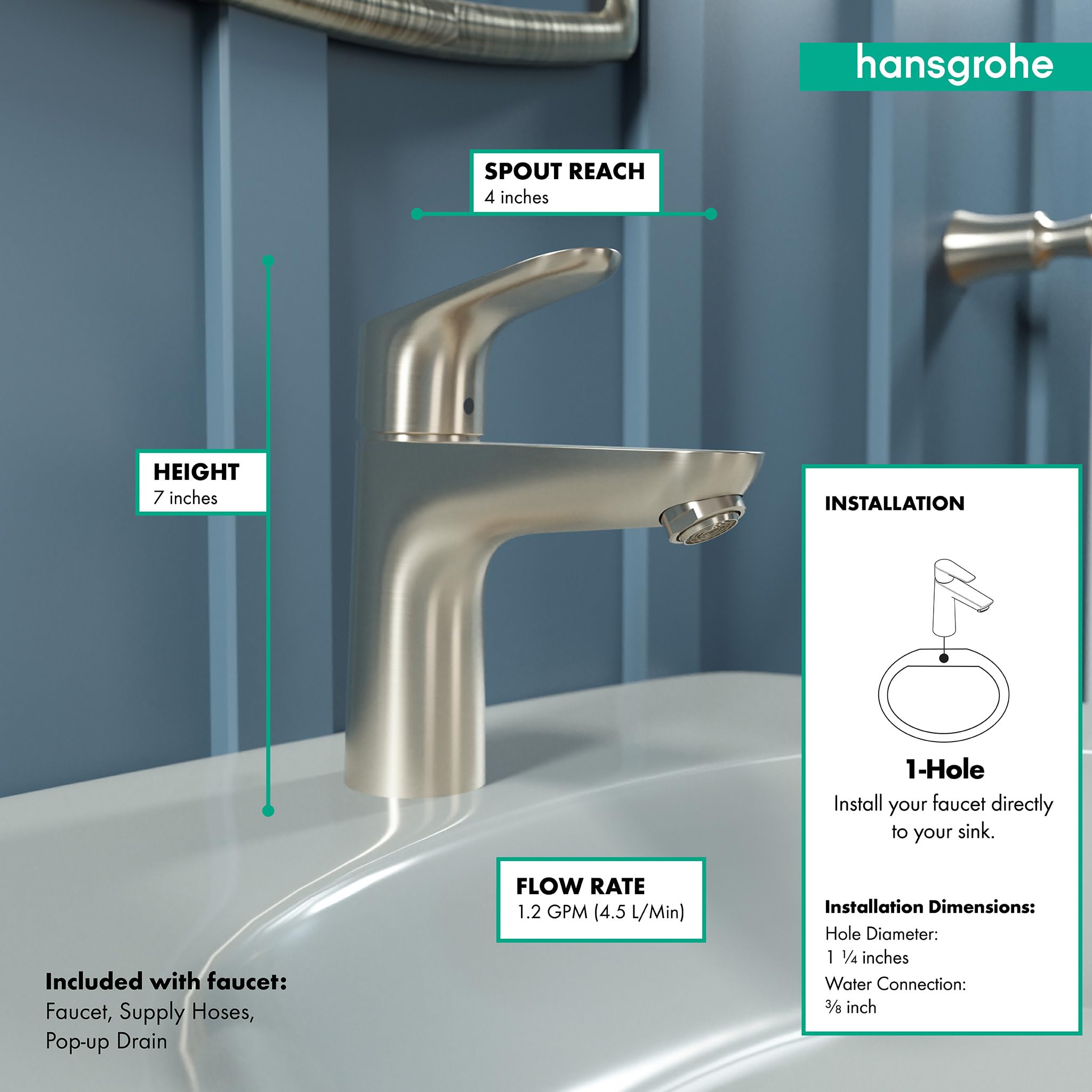 Hansgrohe Focus Modern Upgrade Easy Clean 1-Handle 17-Inch Tall Bathroom Sink Faucet in Brushed Nickel - Water Efficient Single Hole Bathroom Faucet for Vanity, Powder Room & Guest Bath Installation (Model 04371820)