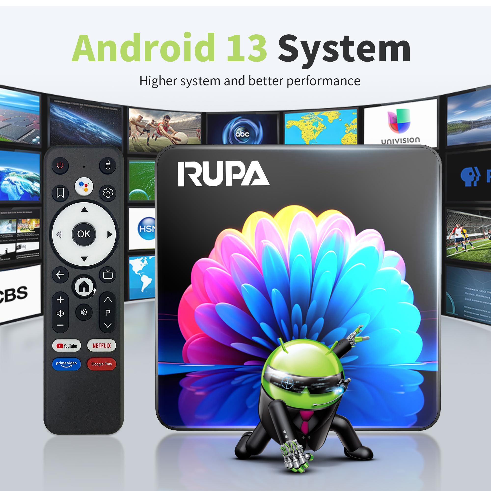 RUPA 2nd Gen Android TV Box 13.0 - 4GB RAM 32GB ROM 4K Ultra HD Smart Streaming Media Player with Voice Remote, WiFi 6 Dual Band (2.4G/5G) & Bluetooth 5.0 - Perfect for Netflix, Hulu, YouTube & Home Entertainment