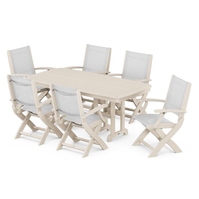 POLYWOOD Coastal Folding Arm Chair 7-Piece Outdoor Dining Set - Perfect for Patio, Deck, Poolside & Beachfront Entertaining