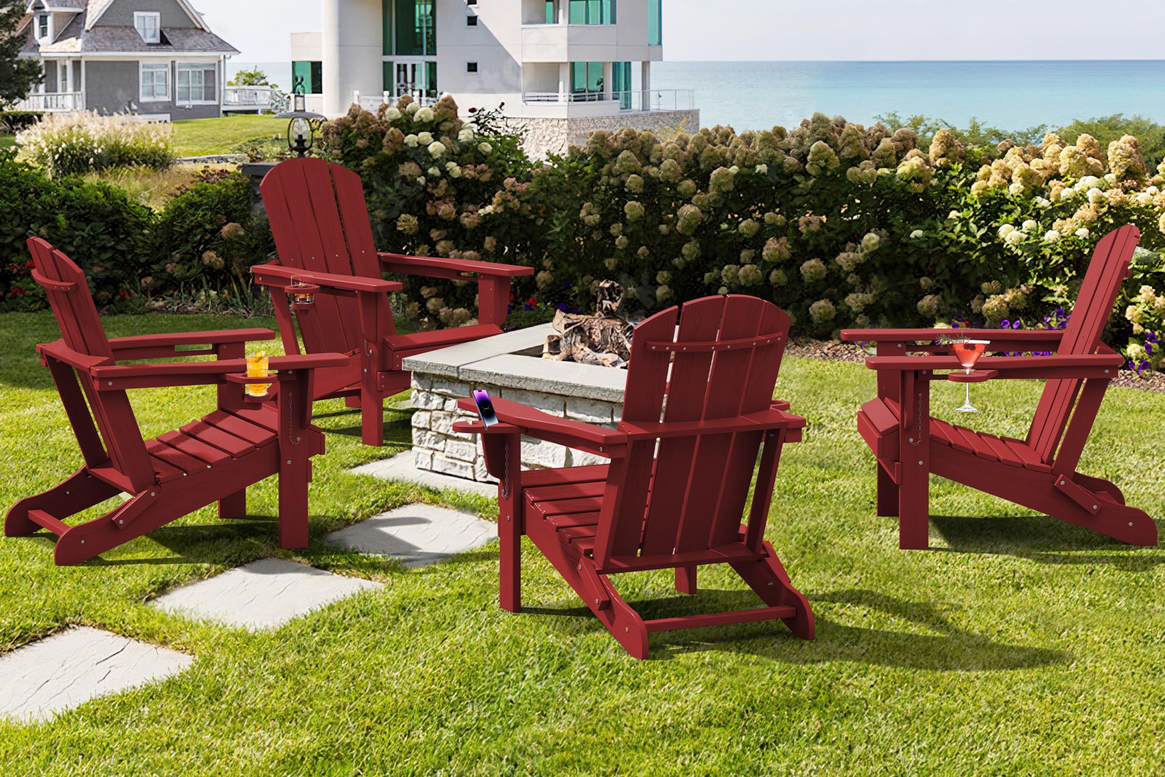 Premium SERWALL Adirondack Chair with Cup Holders - Durable HDPE Composite Outdoor Patio Furniture - All-Weather Resistant (Red) - Perfect for Backyard, Poolside & Garden Relaxation