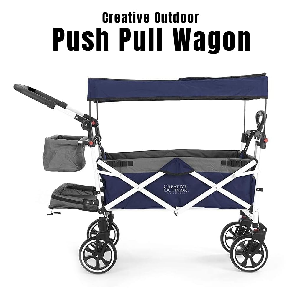 Best Collapsible Outdoor Wagon for Kids - Push Pull Stroller with Canopy, Foldable Cart for Beach, Park, Garden & Tailgate (Navy Blue & Grey) - Perfect for Family Outings, Picnics & Outdoor Adventures