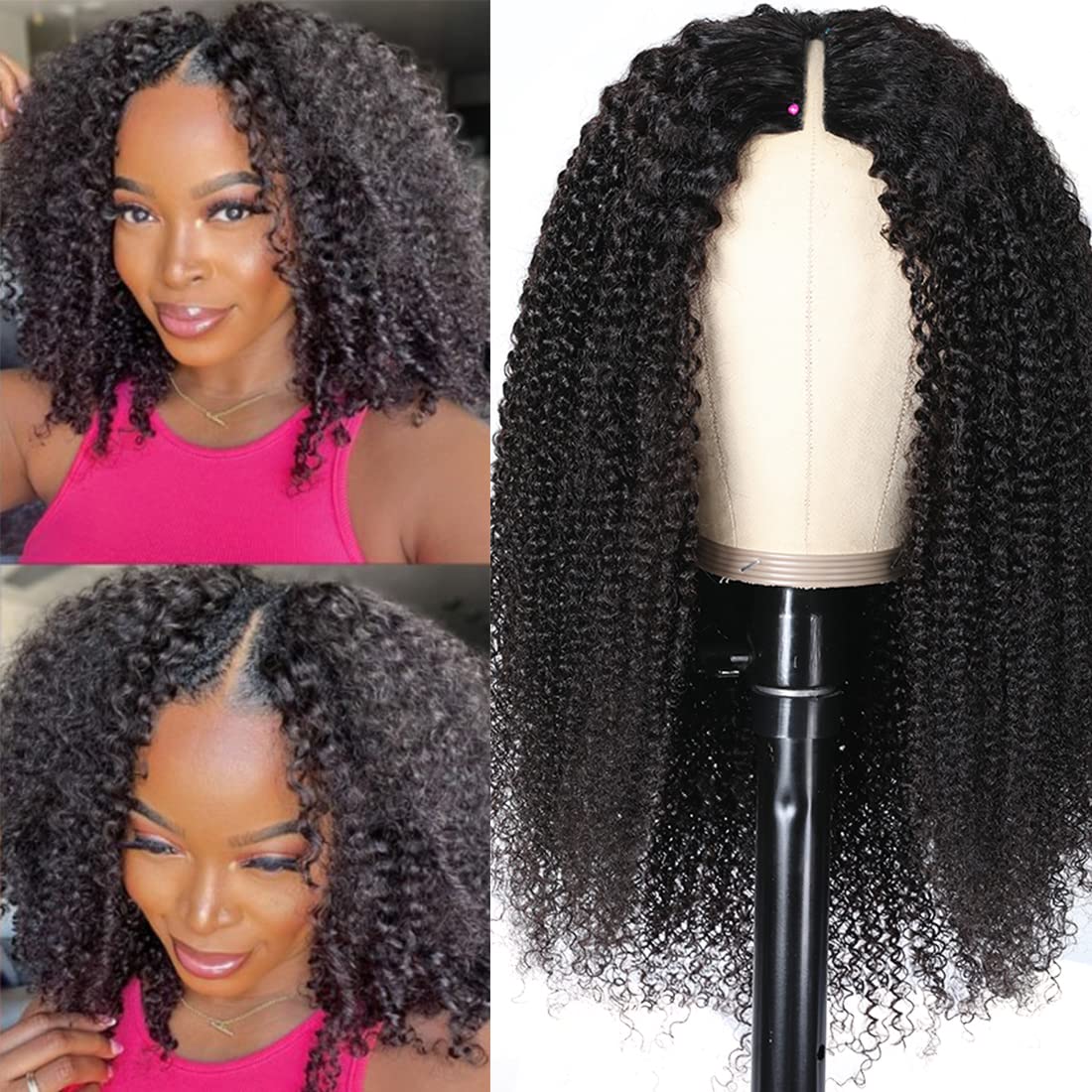 Nadula 10A Malaysian Kinky Curly Human Hair V-Part Wig - Glueless No Leave Out U-Part Wig for Black Women | 22 Inch Afro Curly Clip-In Half Wig | 150% Density Beginner Friendly Wig for Daily Wear & Special Occasions