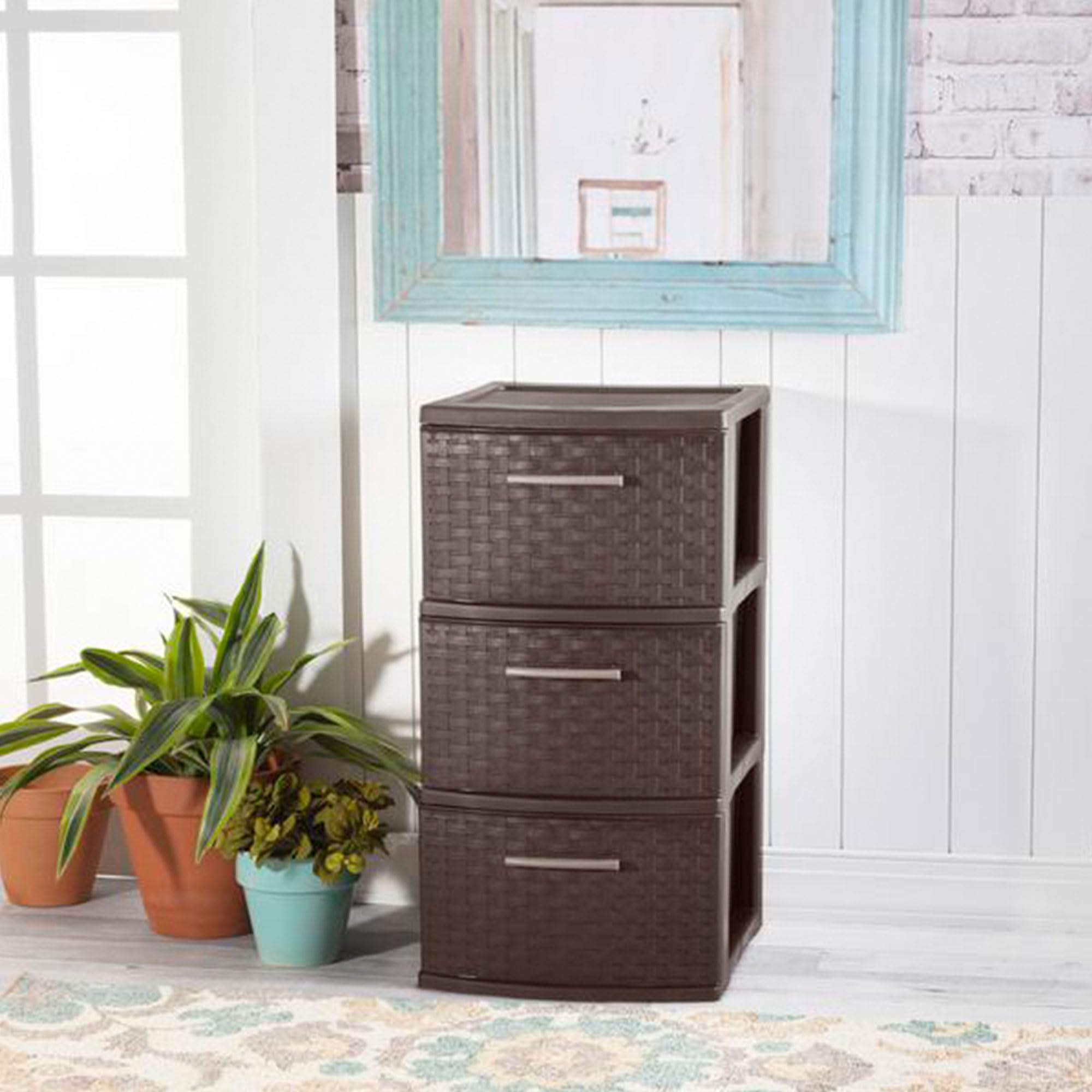 Sterilite 3 Drawer Storage Tower - Plastic Decorative Weave Organizer Drawers for Dorm, Closet, Bedroom & Craft Room - 4 Pack in Espresso - Perfect for Home, Office & School Organization