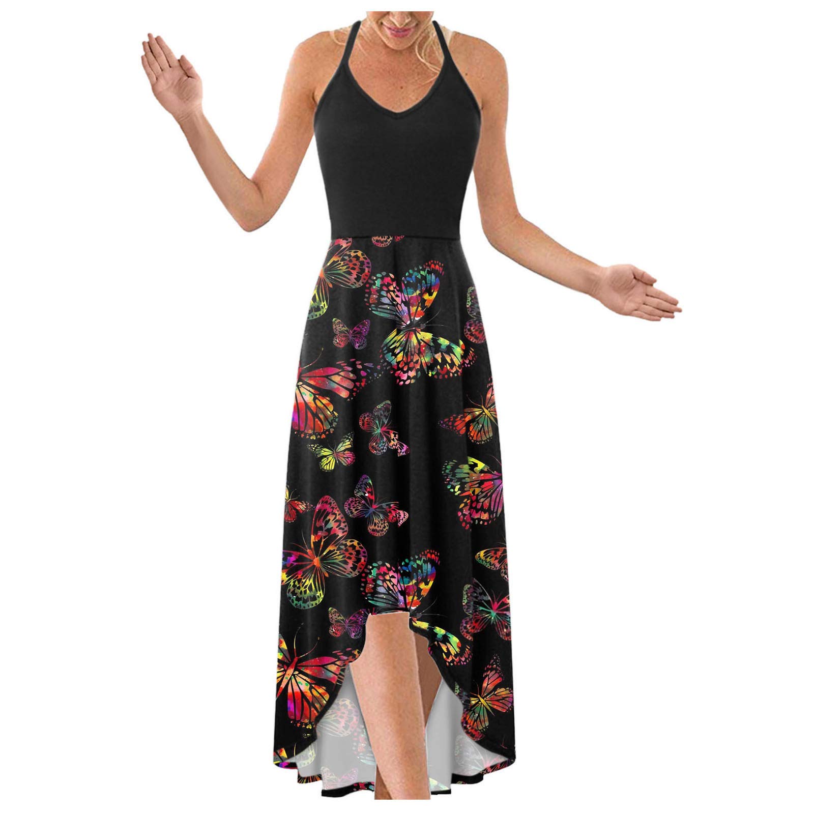 Zieglen Women's Floral Print Maxi Dress - Sleeveless Strap Open Sundress with Asymmetrical Patchwork Design | Perfect for Beach Vacations, Summer Parties & Casual Outings
