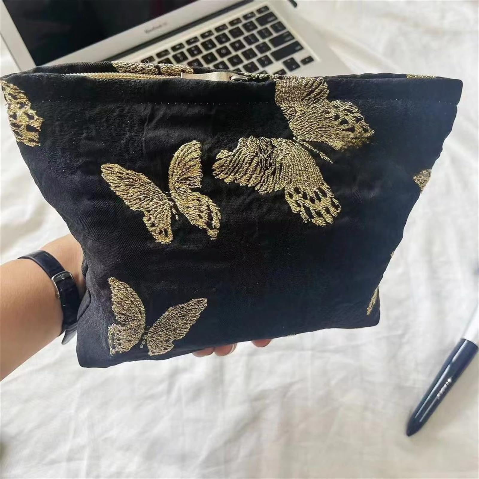 Elegant Floral Makeup Pouch for Women - Cute Small Cosmetic Bag with Butterfly Design, Perfect for Purse Organizer & Travel Essentials (Black Gold) | Great for Daily Use, Gift Giving & Beauty Storage