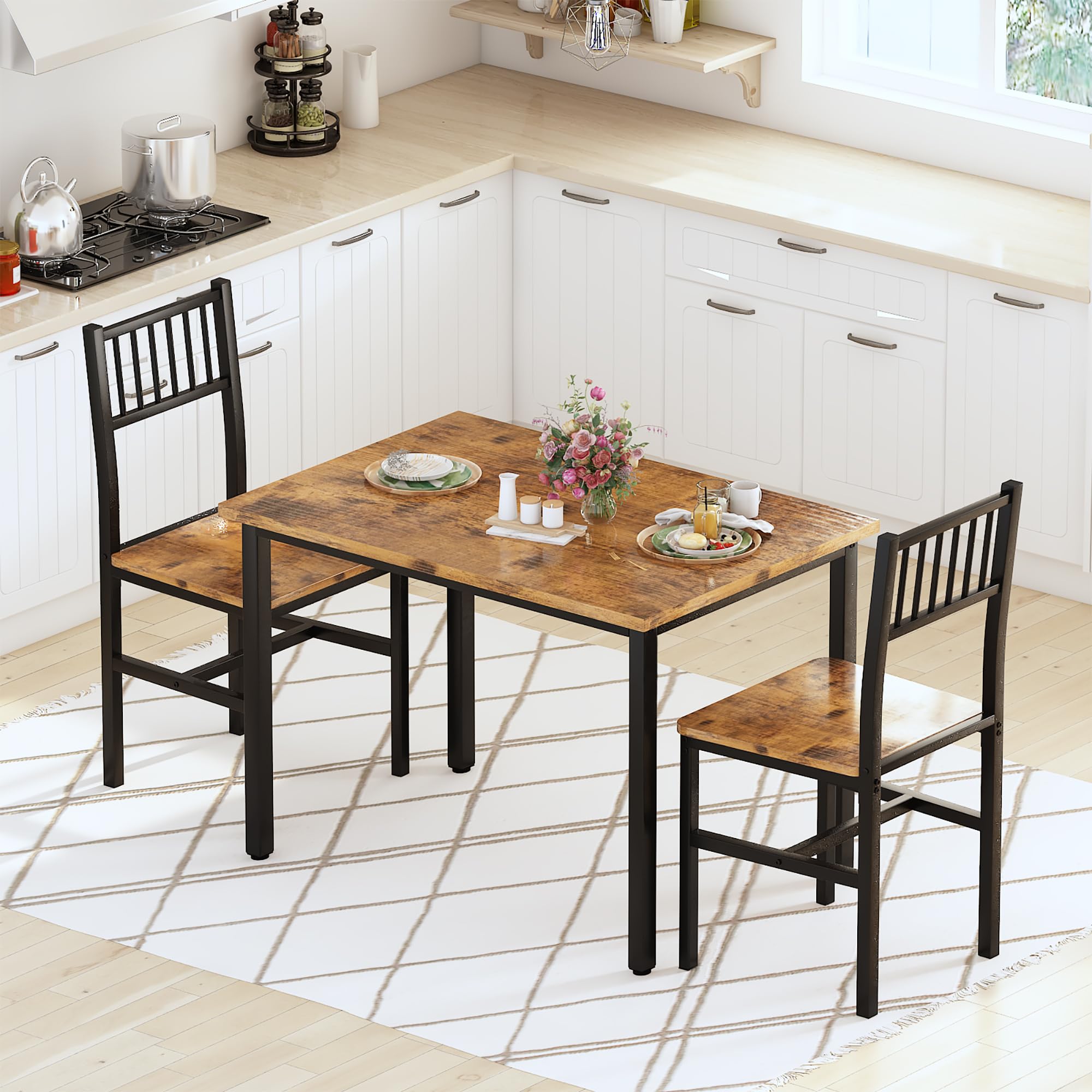 AWQM 3-Piece Industrial Dining Table Set with 2 Chairs - Compact Kitchen & Breakfast Table for Small Spaces - Perfect for Apartments, Living Rooms & Dining Areas (Brown) | Ideal for Morning Coffee, Family Meals & Small Space Entertaining