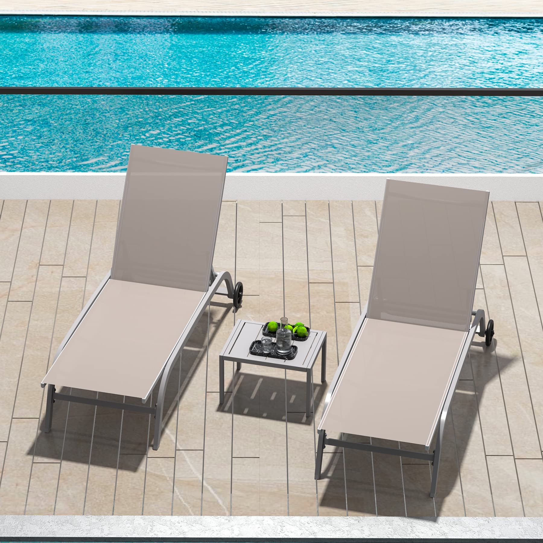 Domi Outdoor Chaise Lounge Set of 3 - Adjustable Poolside Lounge Chairs with Wheels & 5-Position Recline - Patio, Beach, Yard & Deck Furniture for Relaxing in Sun