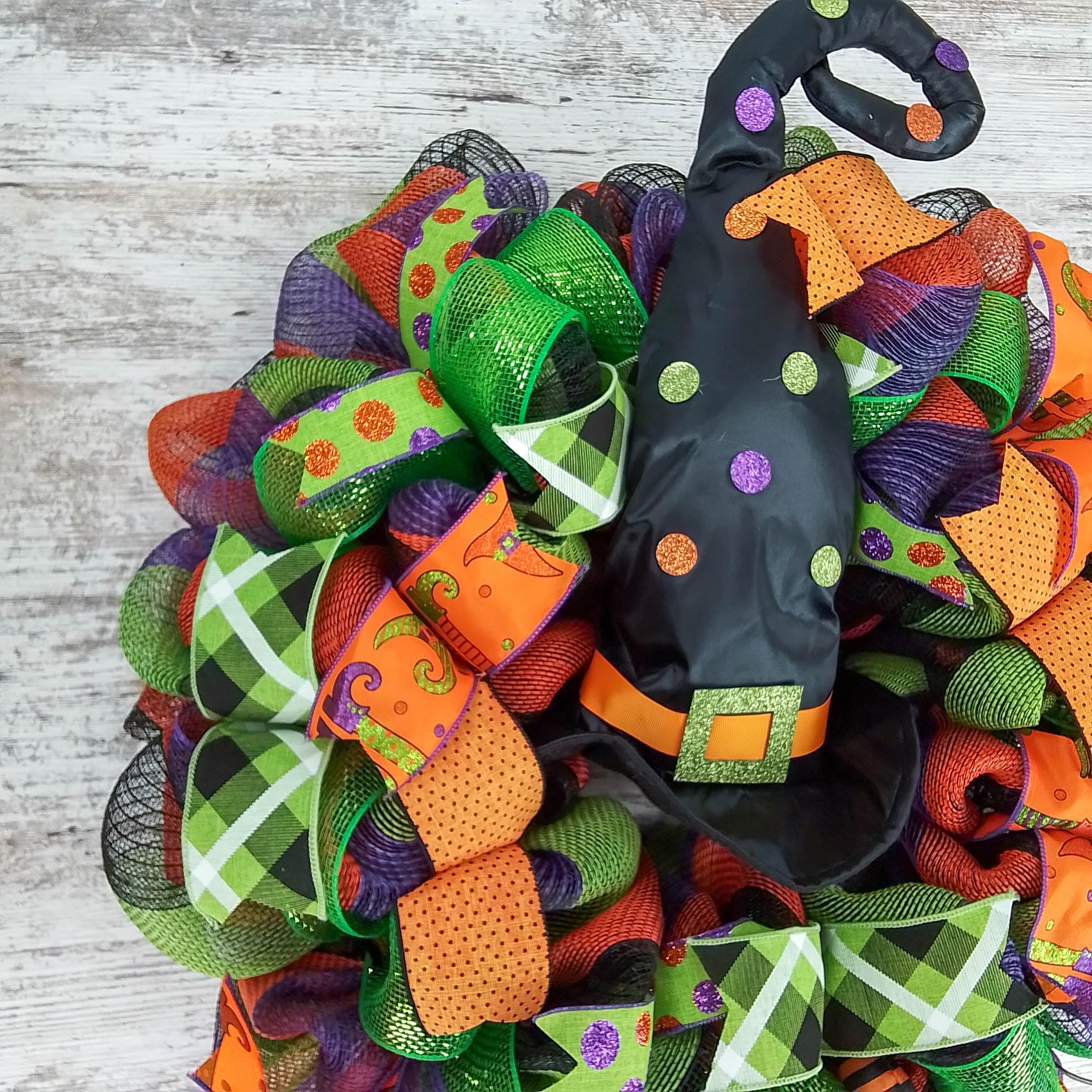 Halloween Witch Wreath with Hat & Legs - Lime Green, Black & Orange Mesh Welcome Door Decor for Spooky Front Porch | Perfect for Halloween Party Decorations & Haunted House Entrance