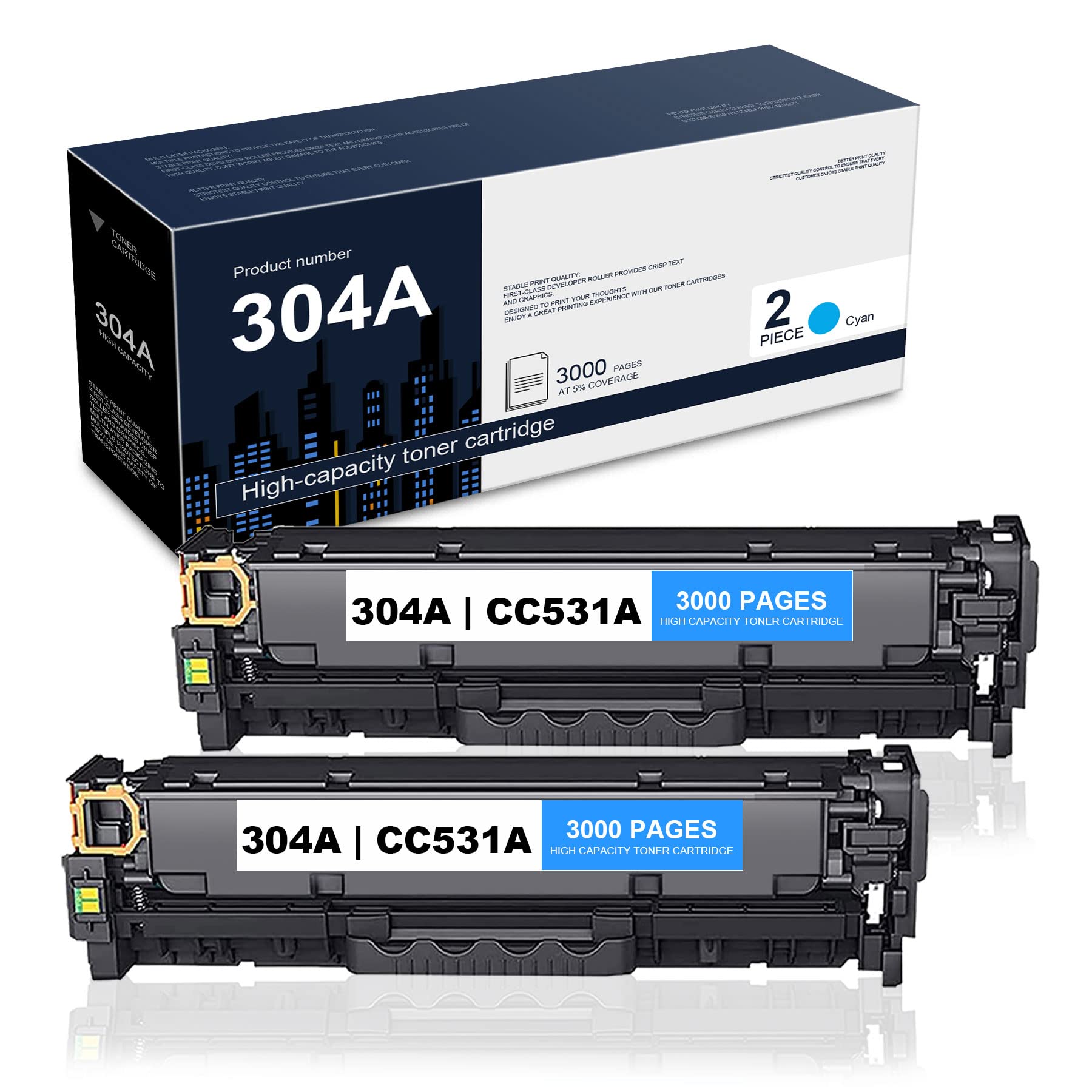 High-Yield HP CC531A 304A Compatible Cyan Toner Cartridge (2-Pack) - Replacement for HP Color CP2025/CM2320 Series Printers - Perfect for Office & Home Printing Needs