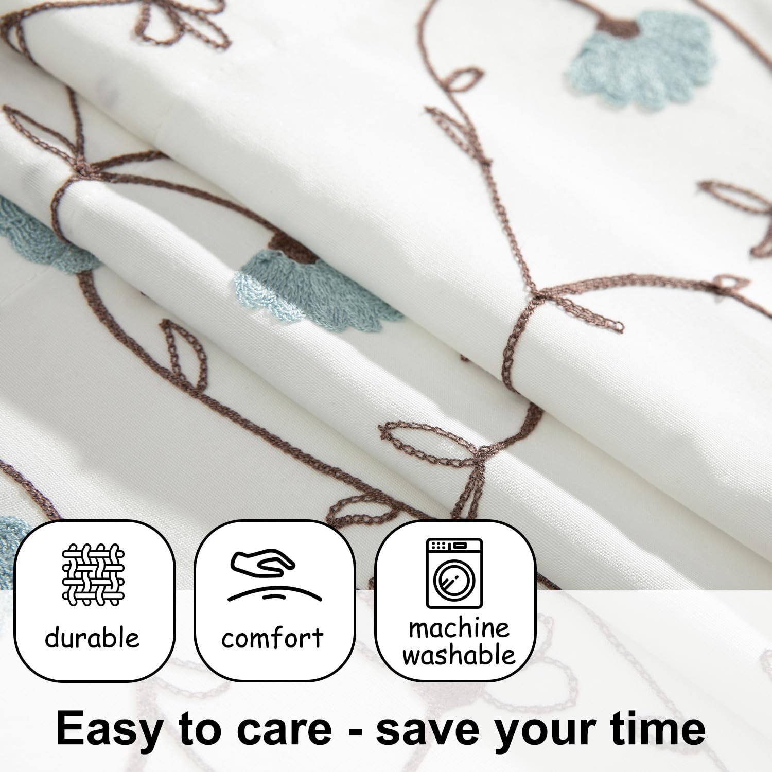 VOGOL 24 Inch Blue Floral Embroidered Kitchen Half Curtains - Farmhouse Modern Short Window Curtains with Rod Pocket (Set of 2, 30x24 Inches) - Perfect for Small Windows, Kitchen Decor, and Cozy Farmhouse Style