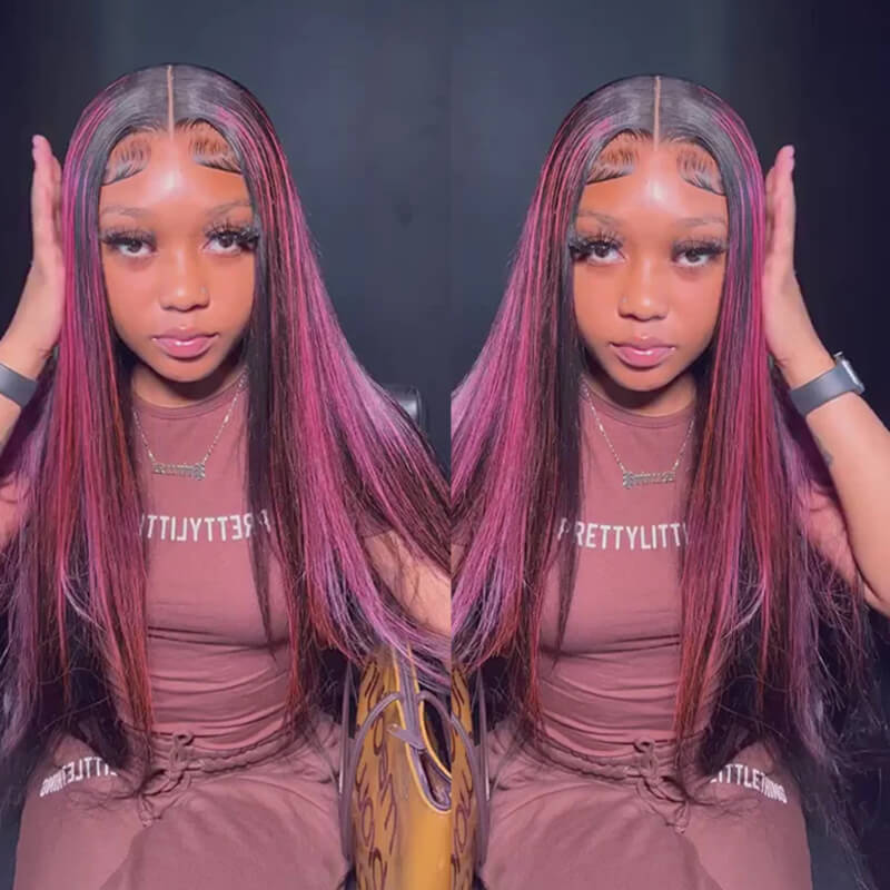 Eullair Red Blue Green Balayage Highlight Straight Lace Frontal Wig for Women - Peekaboo Highlights Human Hair Wig for Daily Wear & Cosplay