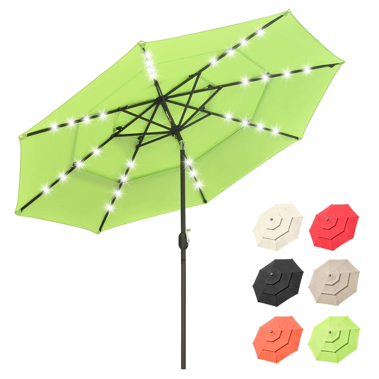 10FT Solar LED Patio Umbrella with 3-Tier Design & 8 Ribs - UV Protection Outdoor Table Umbrella with Push Button Tilt & Crank - Perfect for Backyard, Garden, Deck, Pool and Outdoor Dining Areas