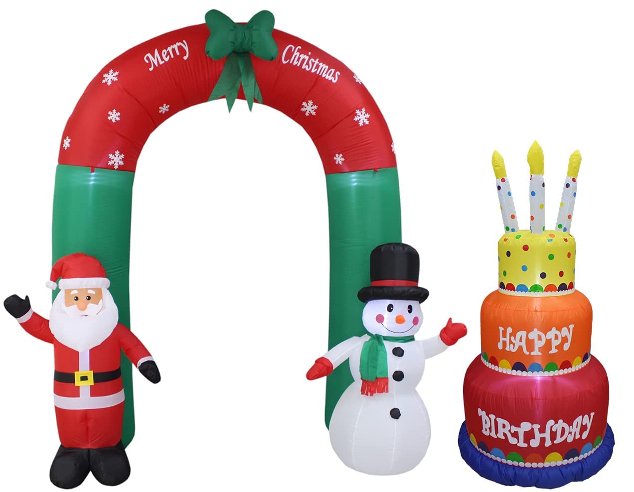 8ft Lighted Christmas Inflatable Santa Claus & Snowman Archway with Bow + 6ft Happy Birthday Cake with Candles - Holiday & Party Decor Bundle for Indoor/Outdoor Christmas Decorations, Birthday Celebrations, and Festive Events
