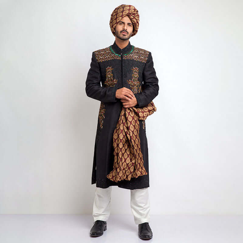 Luxury Jet Black Pure Jamavar Silk Sherwani for Men - Handcrafted Indian Wedding Attire with Perfect Fit | Ideal for Weddings, Festivals & Special Occasions