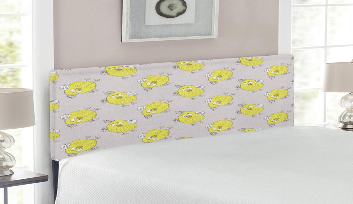 Ambesonne Grey & Yellow Upholstered Headboard - Hand Drawn Cartoon Owls Design, Modern Hipster Style Queen Size Bed Headboard with Memory Foam in Marigold & Teal | Perfect for Kids' Rooms, Nursery Decor & Bohemian Bedroom Style