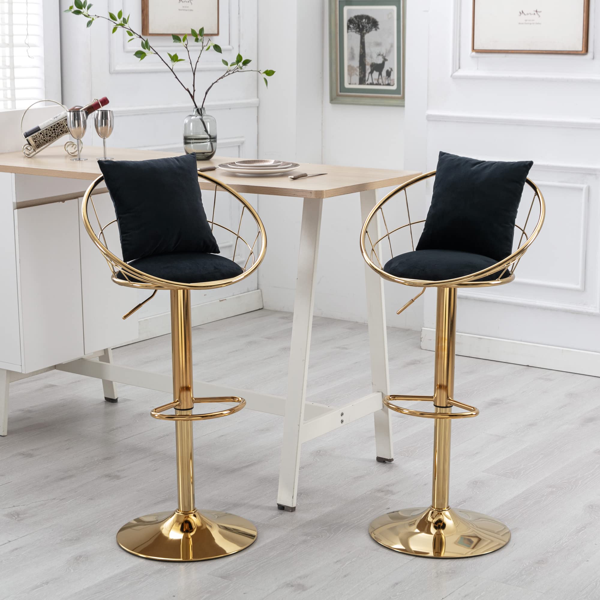 Modern Gold Bar Stools Set of 2 - 360° Swivel Adjustable Height Counter Stools with Net Back & Velvet Cushion - Upholstered Bar Chairs for Kitchen, Bistro, Pub, Dining Room - Perfect for Home Bars, Breakfast Nooks & Entertainment Spaces (Black)