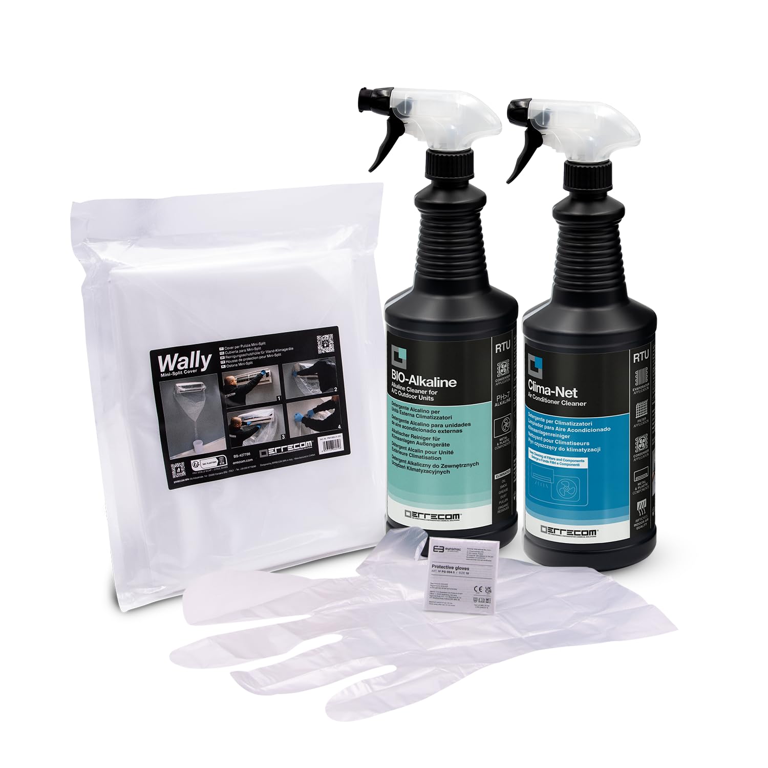 Errecom Clima-Net Air Conditioner Cleaning Kit - 1L Indoor Unit & Filter Cleaner, Wally Protective Cover, 1L Bio-Alkaline Degreaser for Outdoor AC Unit | HVAC Maintenance for Home & Office Use