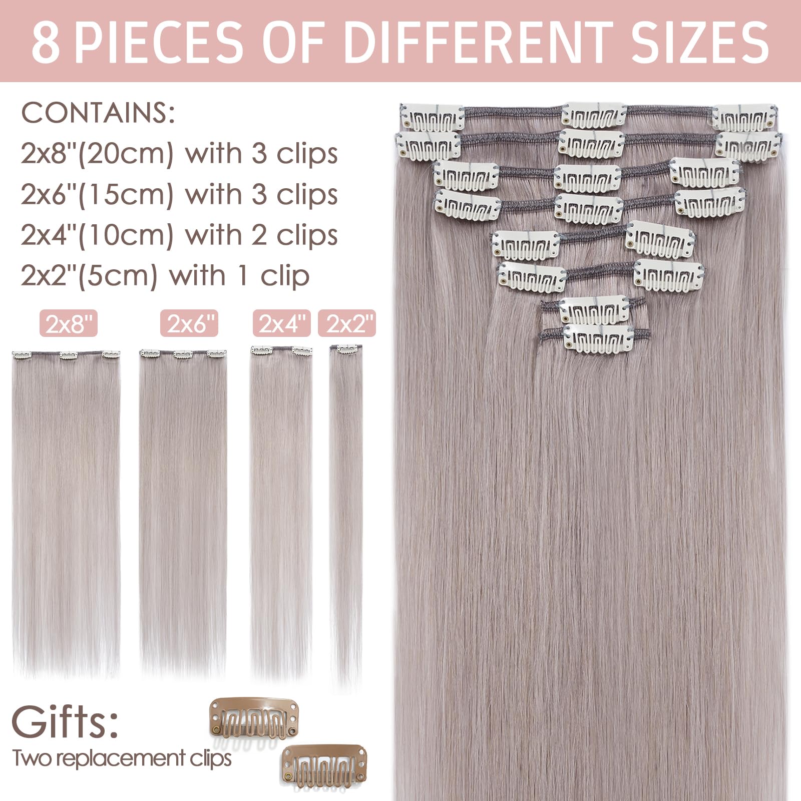 10 Inch Real Human Hair Clip in Hair Extensions - 100% Remy Straight Grey Hair - 8 PCS 50g Thin Weft for Natural Look | Perfect for Daily Wear, Parties & Special Occasions