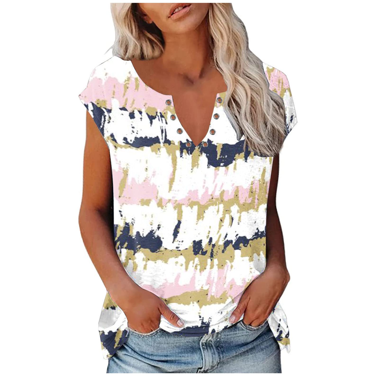 Floral Print Women's Tunic Tops - V Neck Cap Sleeve Blouse for Summer