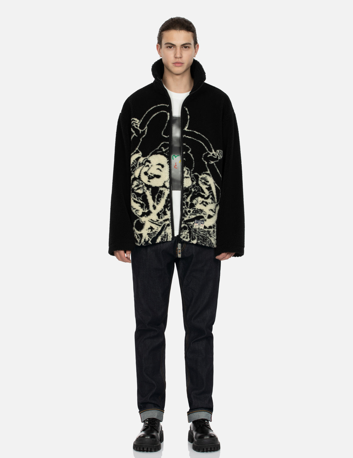 Godhead and Seagull Jacquard Relax Fit Sherpa Jacket for Men - Cozy Winter Fleece Lined Outerwear for Casual Wear & Outdoor Activities