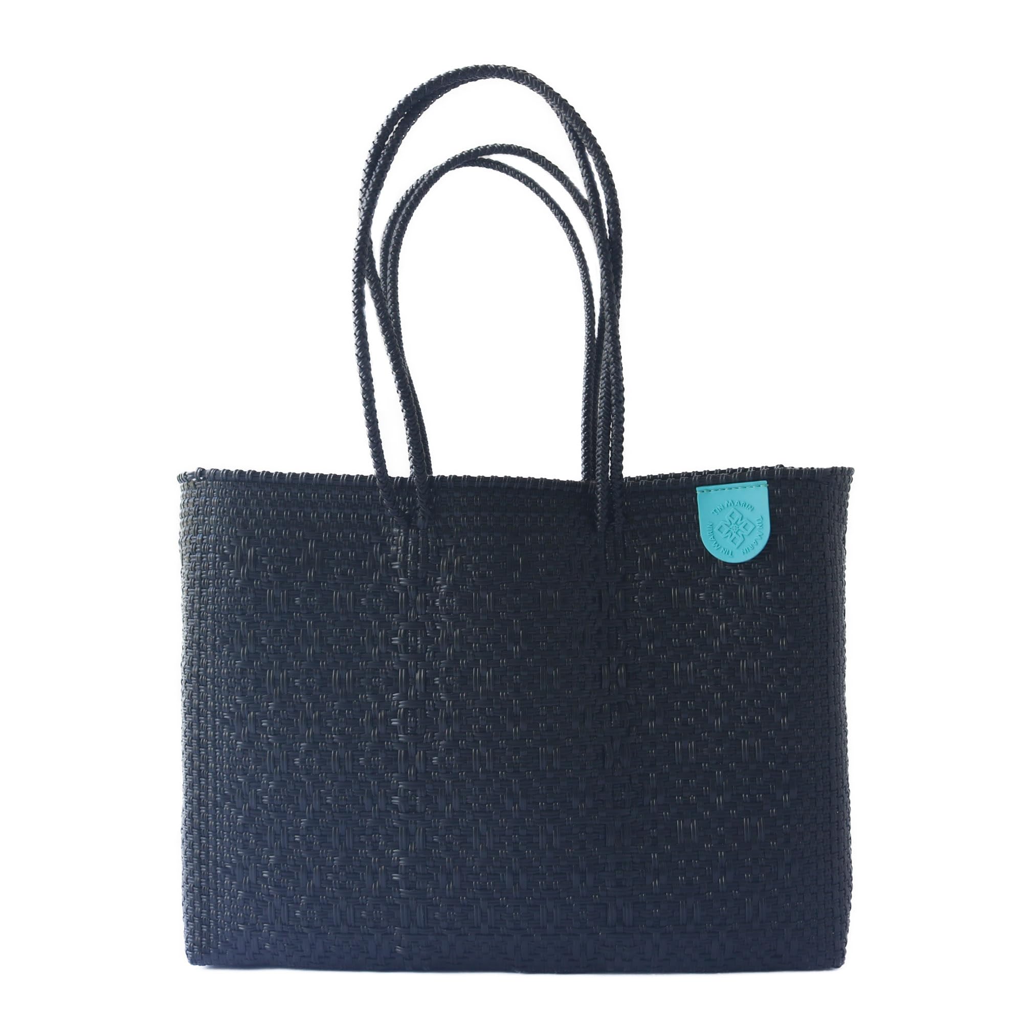 Eco-Friendly All Black Woven Super Tote - Handwoven Recycled Plastic Beach Bag | Mexican Artisan Tote for Summer, Travel & Shopping | Water-Resistant & Durable