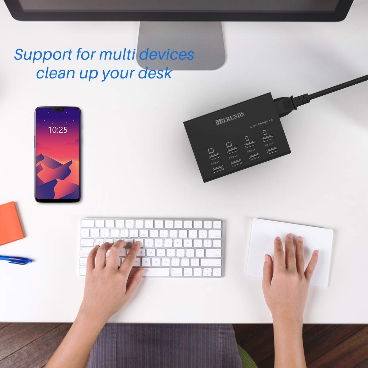 HITRENDS 8-Port USB Charger Station 60W 12A Fast Charging Hub with Power Plug - Multi Device Charger for iPhone, iPad, Samsung - Perfect for Home, Office & Travel Charging Needs
