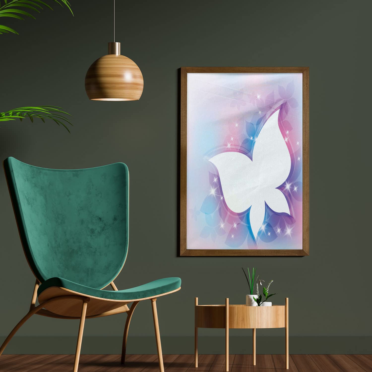 Ambesonne Framed Wall Art - Abstract Floral White Butterfly Silhouette on Spring Meadow Print, Fabric Decor with Teak Wood Frame, 23x35 Inch, White Pink Blue - Perfect for Home, Bedroom, Dorm & Office Decoration