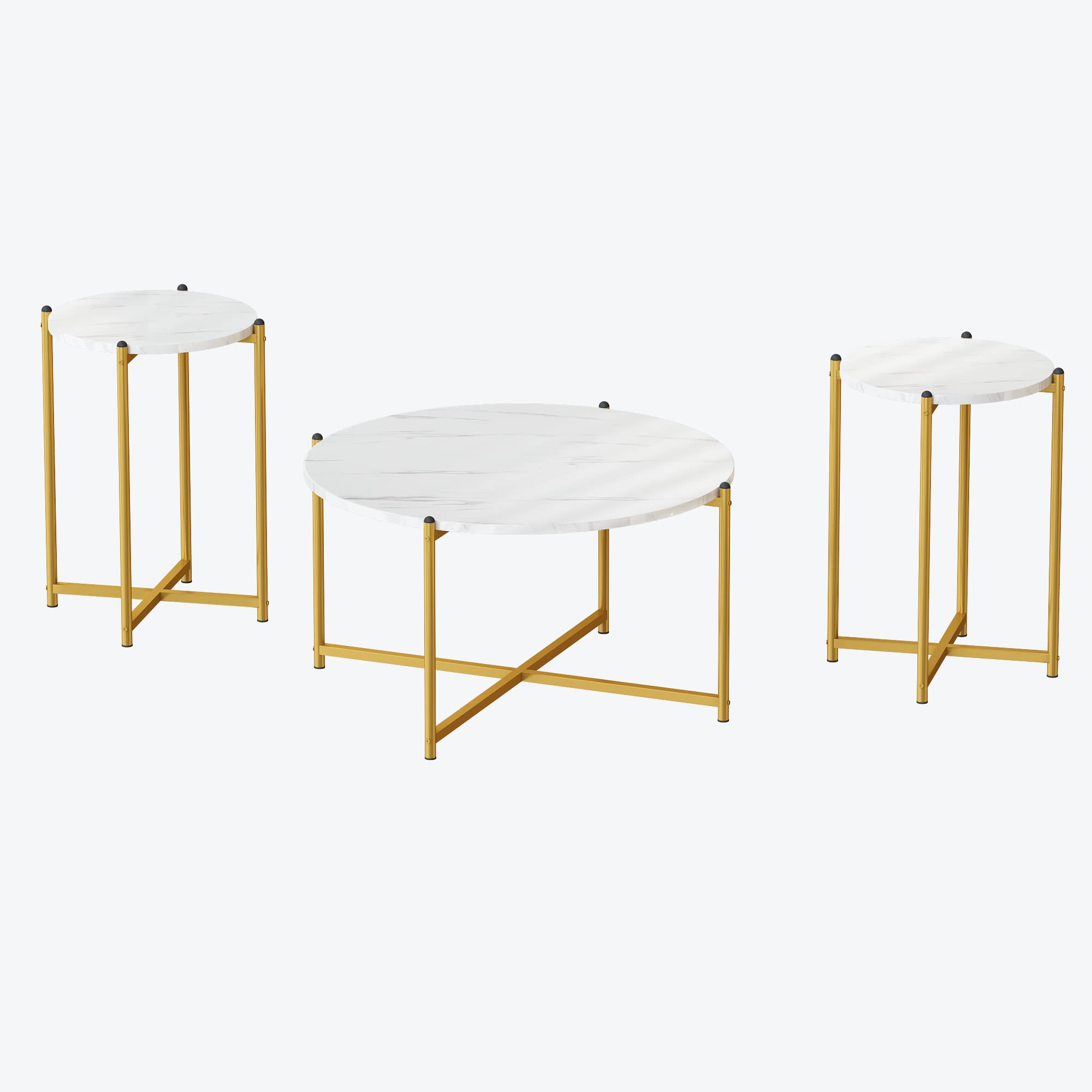 Lamerge 3-Piece Coffee Table Set - Modern Faux Marble Top with Gold Metal Frame, 1 Coffee Table & 2 Side Tables, White & Gold Living Room Furniture for Apartments, Offices - Perfect for Entertaining, Reading Nooks & Small Spaces (LCTR-W)