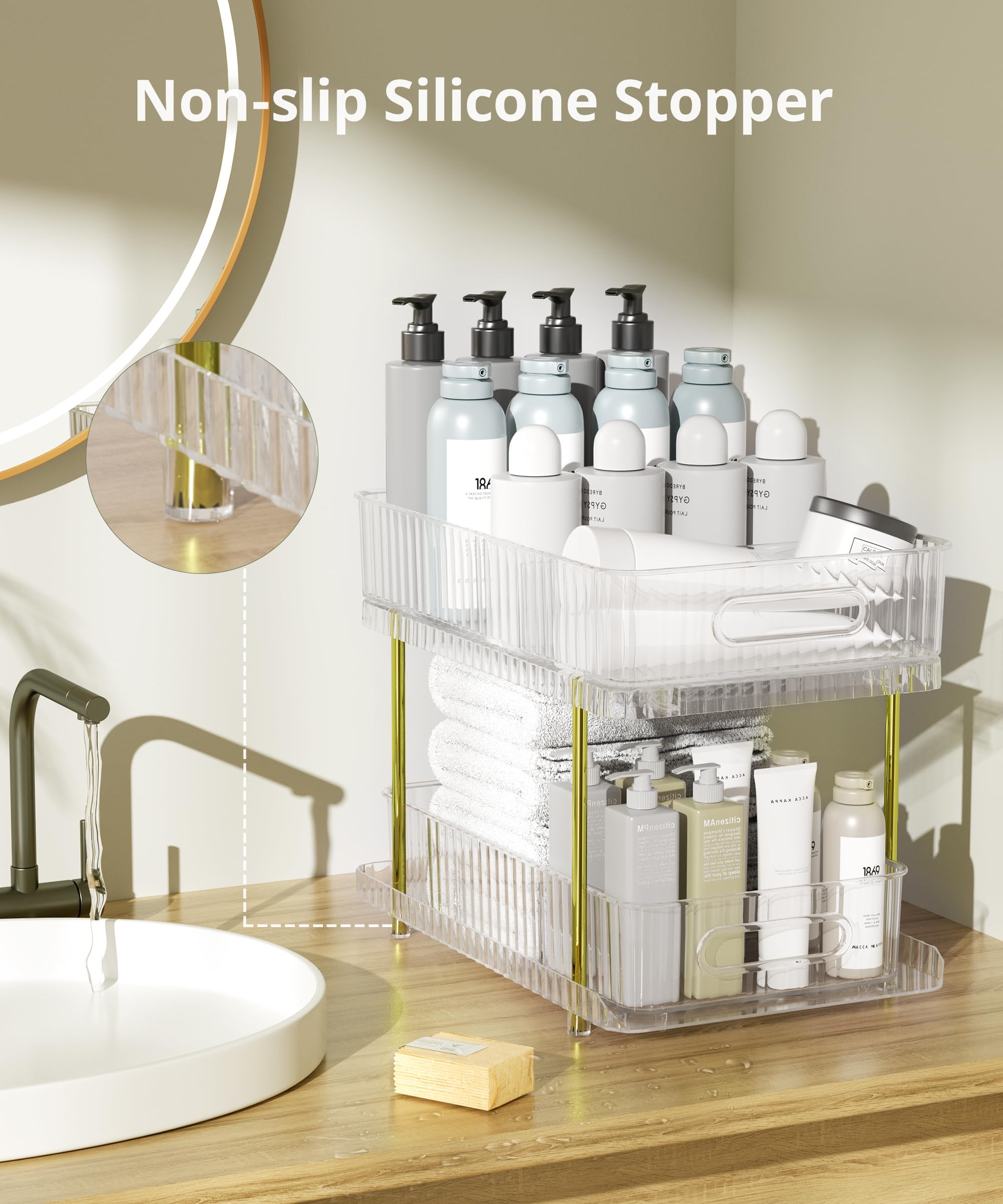 2-Tier Clear Acrylic Makeup and Skincare Organizer with 4 Removable Dividers - Large Vanity Perfume Storage & Pull-Out Bathroom Organizer for Bath, Bedroom, Cabinet - Perfect for Cosmetics, Jewelry and Toiletries Organization