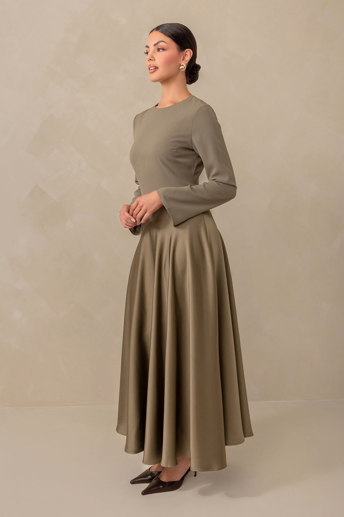 Anastasia Asymmetric Long Sleeve Maxi Dress in Olive Green - Elegant Evening Gown for Weddings, Parties & Special Occasions