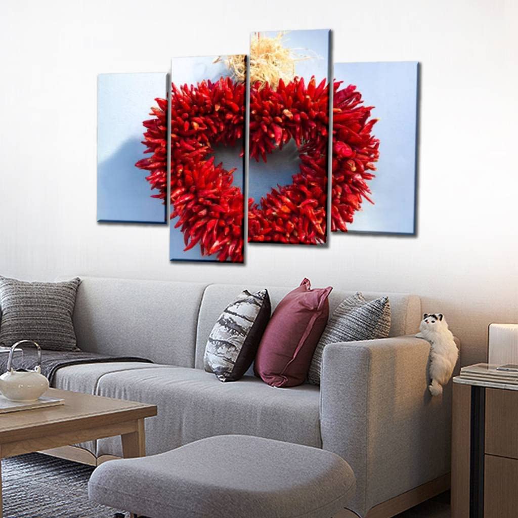 Santa Fe Style Chili Pepper Ristra Heart Shaped Wreath Wall Art - Blue Modern Canvas Painting (4 Panels) - Stretched & Framed Artwork for Living Room, Office, Home Decor - Perfect Southwestern Gift for Kitchen, Dining Room & Entryway
