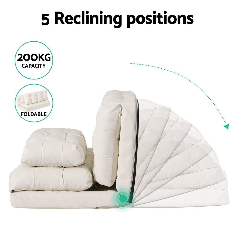 2-Seater Leather Floor Lounge Sofa Bed with Pillows - White - Perfect for Small Spaces, Guest Rooms & Cozy Living Areas