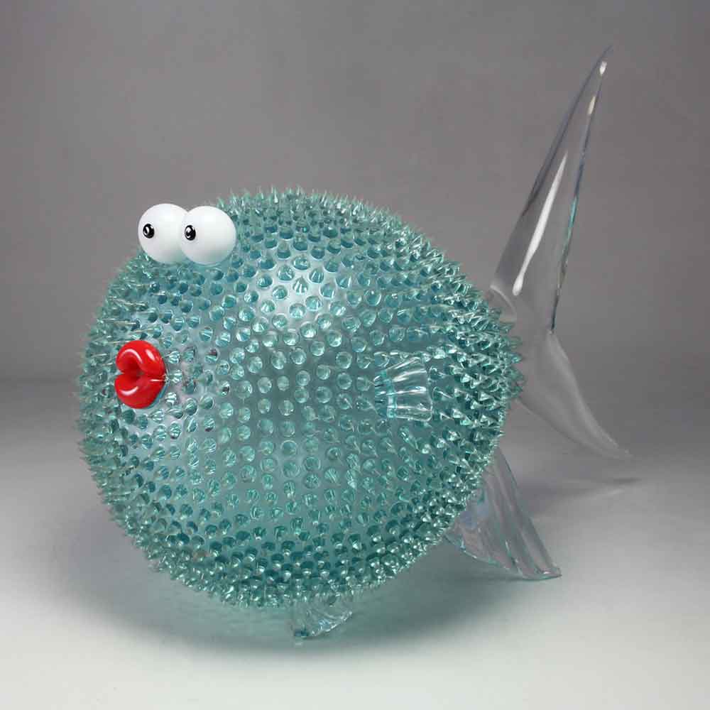 Handmade Blue Blowfish Glass Sculpture - Unique Blown Glass Art for Home Decor, Office Display & Gift Giving