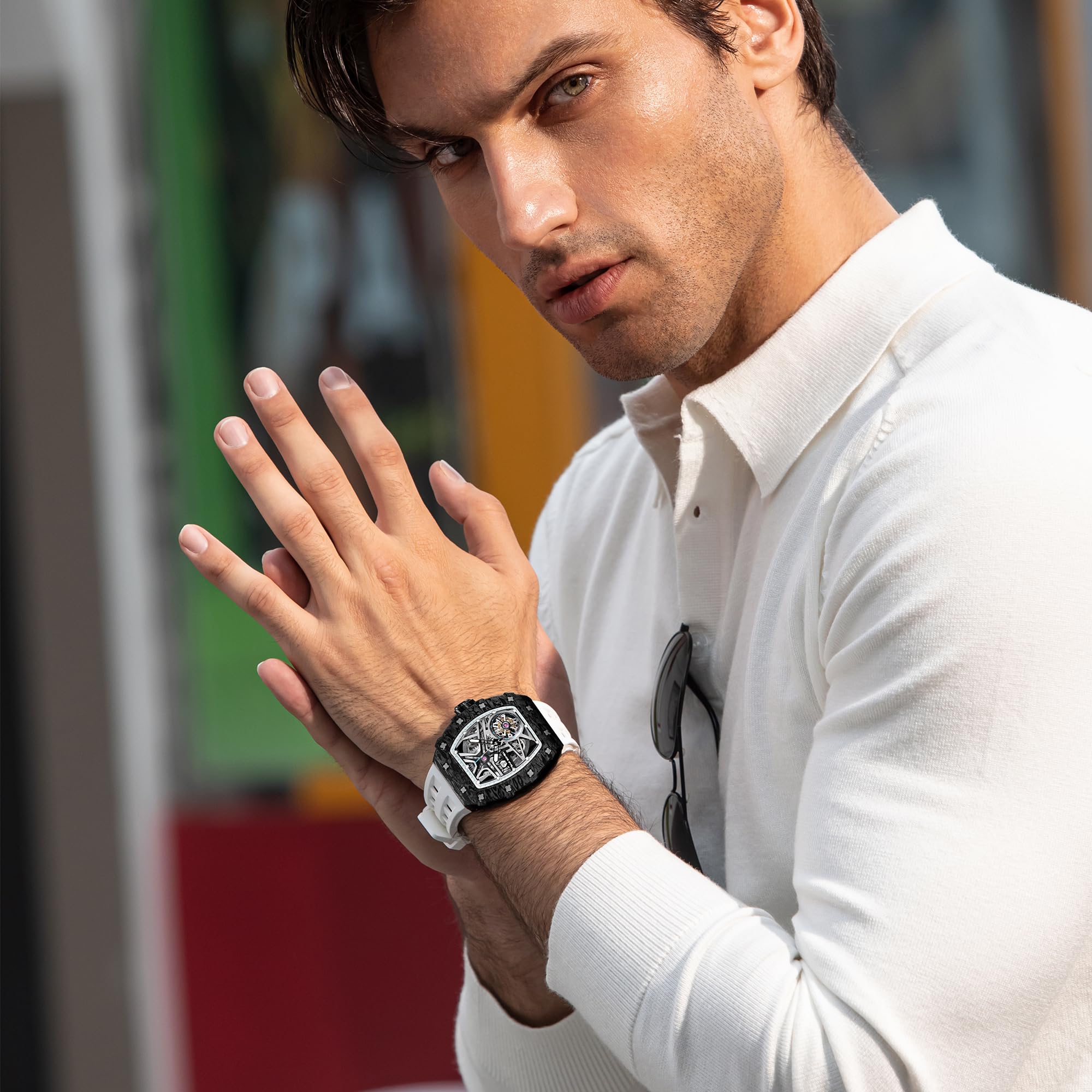 TSAR BOMBA Men's Luxury Automatic Skeleton Watch - Silver Square Big Face with Silicone Strap, 50M Waterproof Analog Wristwatch for Business, Casual & Formal Wear | Perfect Gift for Men