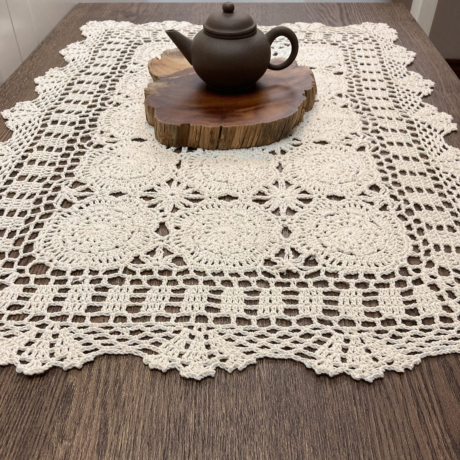 Hsvanyr Beige Rectangular Cotton Crochet Lace Table Runner - Handcrafted 19x31 Inch Dining Room Centerpiece for Elegant Home Decor