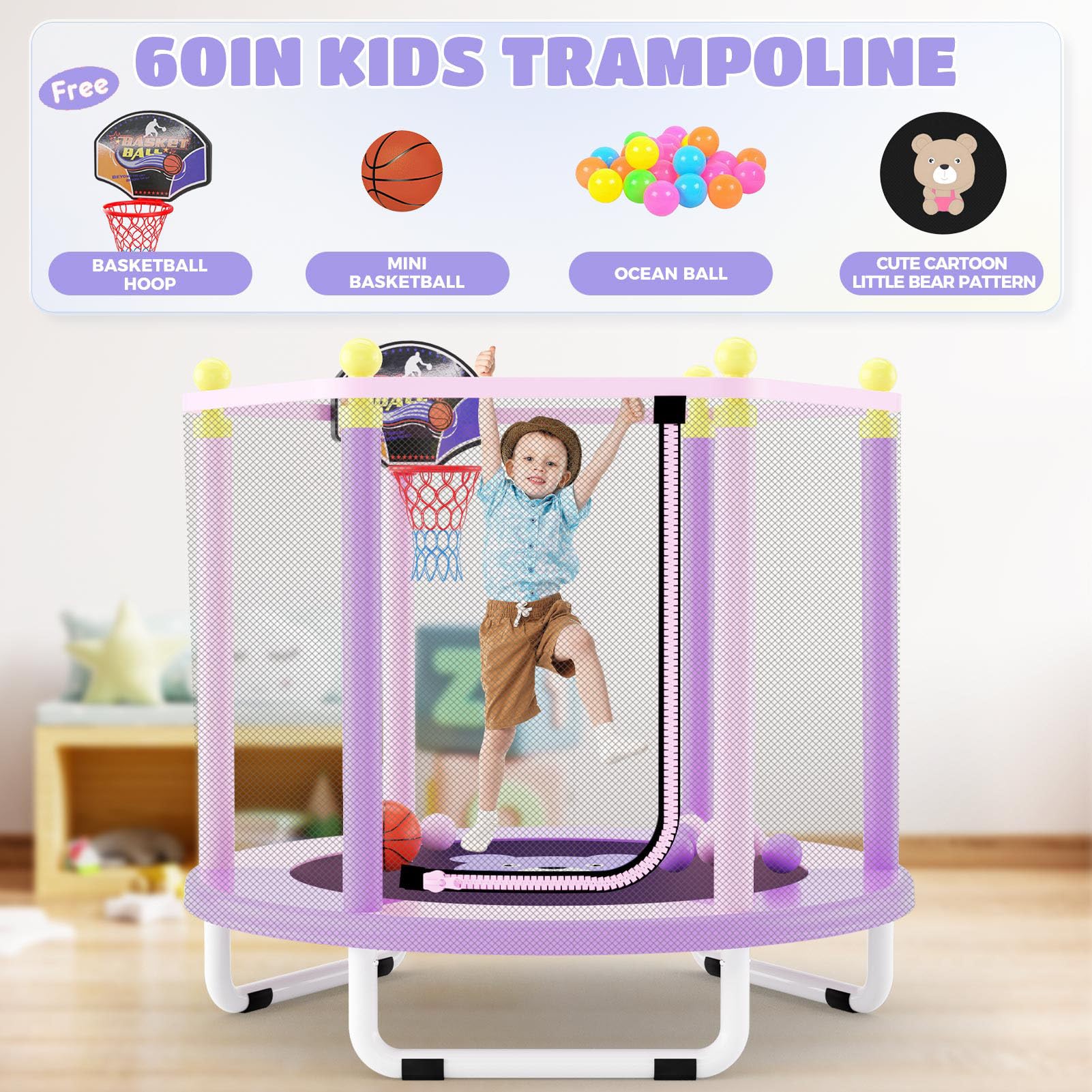 **5FT Kids Trampoline with Safety Enclosure Net & Basketball Hoop - Indoor/Outdoor Mini Trampoline Toy for Toddlers - Perfect Birthday Gift for Active Play, Backyard Fun & Exercise**