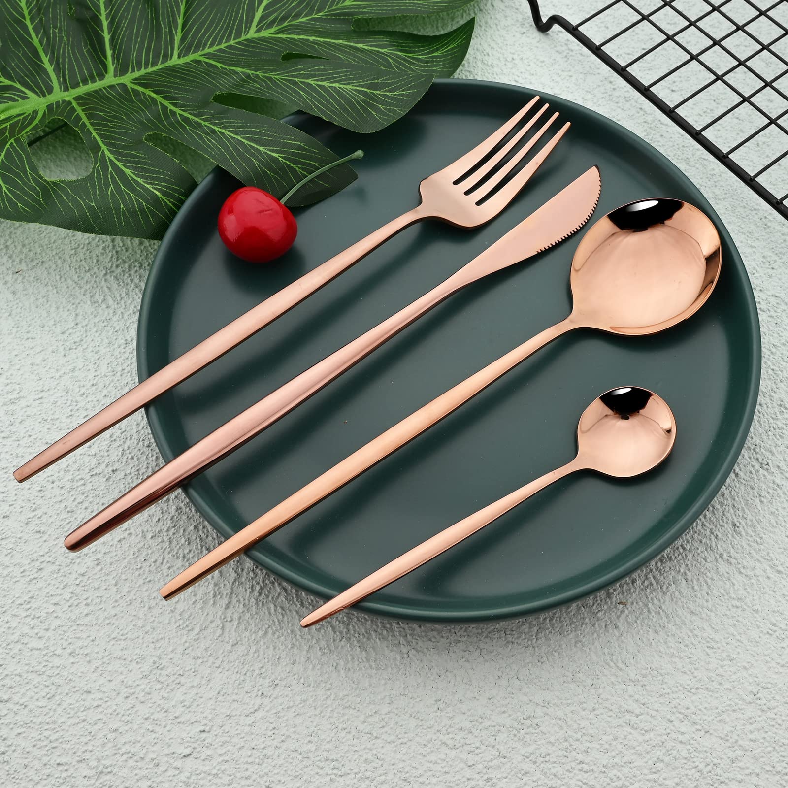 24-Piece Stainless Steel Silverware Set with Stand - Service for 6, Mirror Polished Rose Gold Flatware Cutlery Set for Dining, Kitchen & Entertaining | Elegant Tableware for Restaurants, Weddings & Home Use