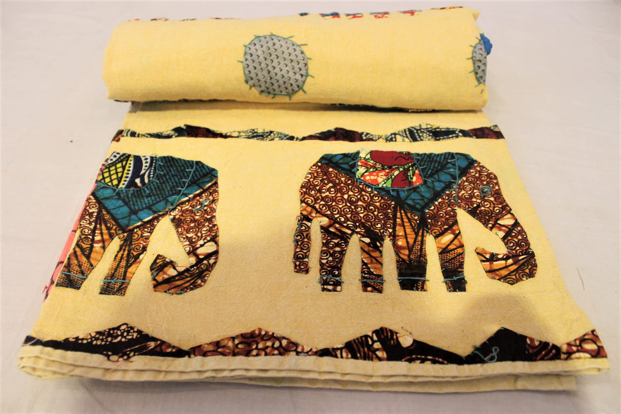 Vintage Elephant Cotton Twin Size Kantha Quilt Patchwork Bedspread - Handmade Indian Quilt for Bedroom Decor, Boho Style Home, Guest Room & Cozy Throw Blanket